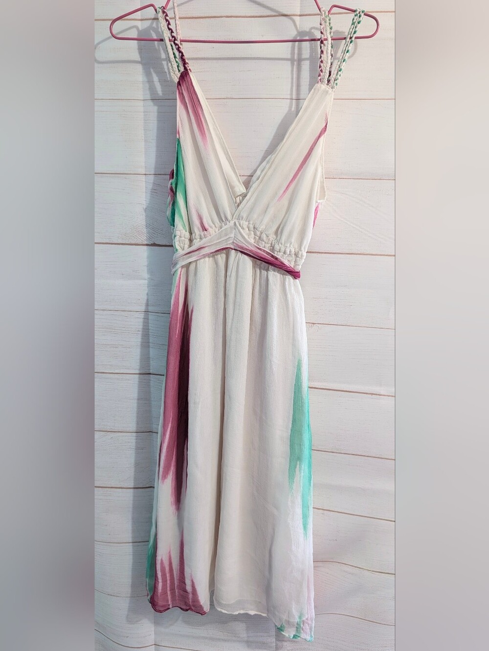 ❤️Beautiful❤️ 100% Silk Dress Waist Tie,Pink and Teal Watercolor Accents Size 8